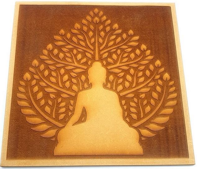 Plaque Bois Bouddha sur Feuille 30cm