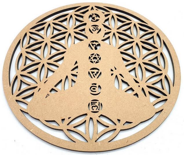 Plaque Bois 7 Chakras Fleur de Vie 30cm