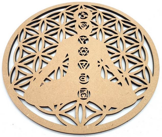 Plaque Bois 7 Chakras Fleur de Vie 20cm