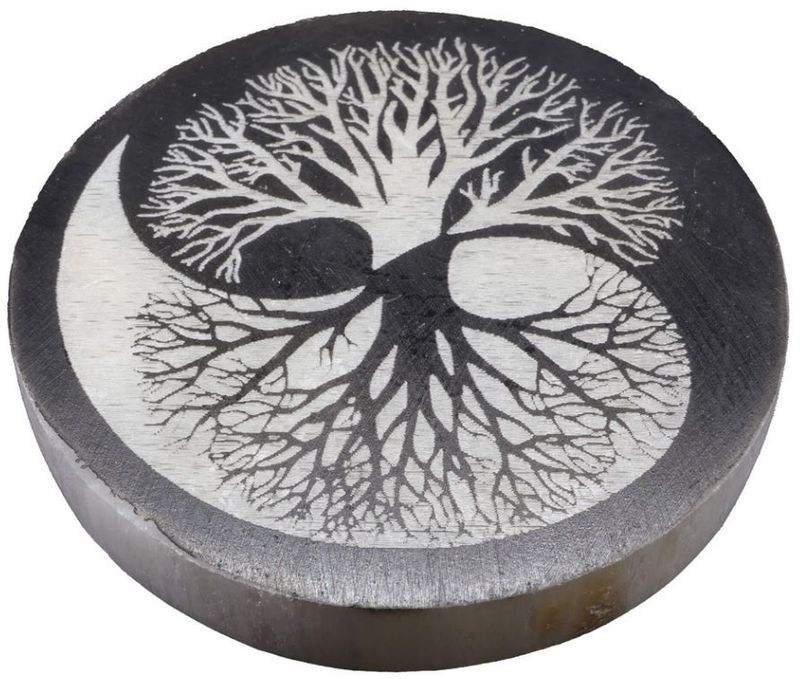 Plaque Sélénite Arbre de Vie Yin-Yang Noir/Blanc 10cm