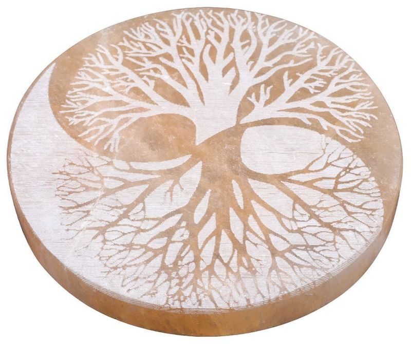 Plaque Sélénite Arbre de Vie Yin-Yang Orange/Blanc 10cm