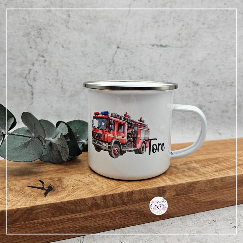 Emaille Tasse | Feuerwehrauto Emaille Tasse | Feuerwehrauto