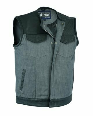 DM934 MEN’S PERFORATED LEATHER/DENIM COMBO VEST (BLACK/ ASH GRAY)