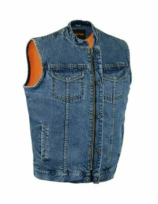 DM989BU CONCEALED SNAP CLOSURE, DENIM MATERIAL, SCOOP COLLAR & HIDDEN ZIPPER COP