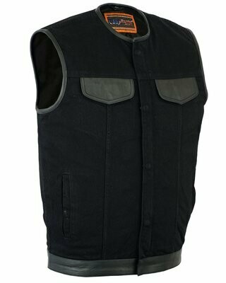 DM991 MEN'S BLACK DENIM SINGLE PANEL CONCEALMENT VEST W/LEATHER TRIM- W/O COLLAR