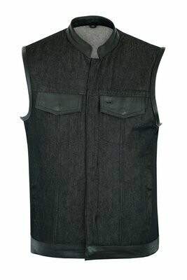 DM962 MEN’S ROUGH RUB-OFF RAW FINISH DENIM VEST W/LEATHER TRIM - SCOOP COLLAR