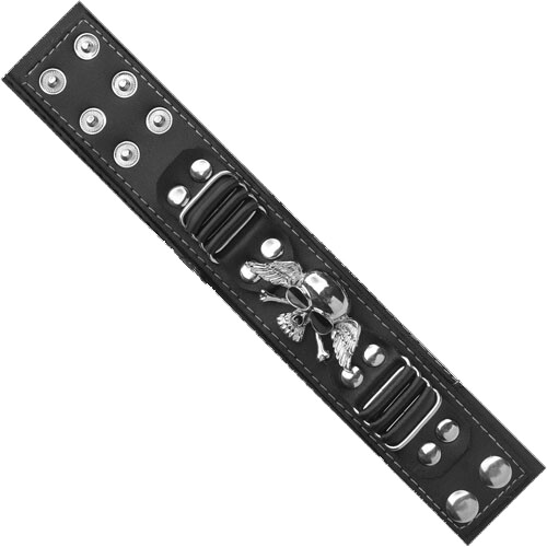 BR-SD1012W WINGED VINYL BRACELET WITH WINGED SKULL DESIGN.