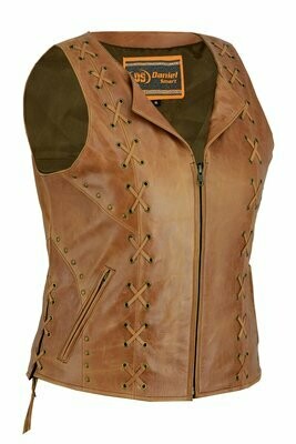 DS236 WOMEN’S BROWN ZIPPERED VEST WITH LACING DETAILS