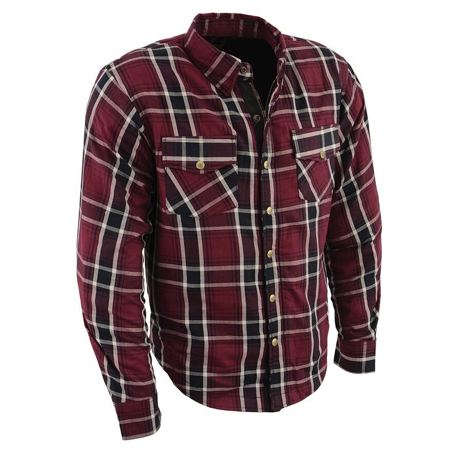 Men’s Maroon Checkered Armored Flannel Biker Shirt w/ Reinforced Fibers