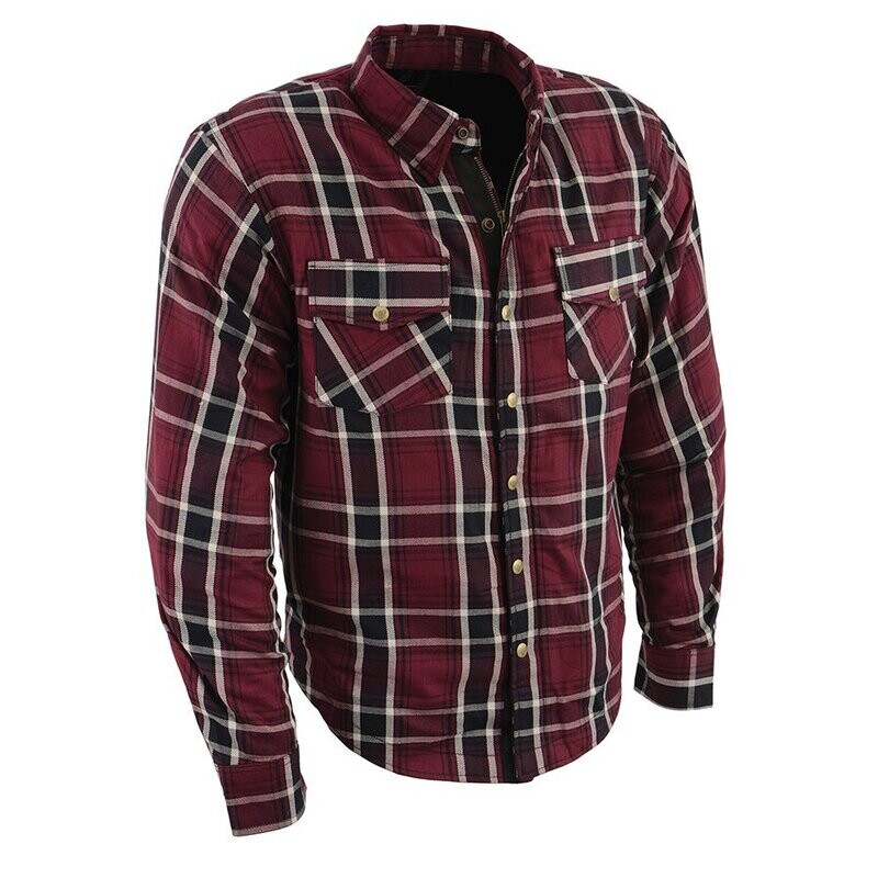 Men’s Maroon Checkered Armored Flannel Biker Shirt w/ Reinforced Fibers