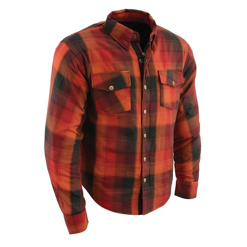 Men’s Red & Orange Armored Flannel Biker Shirt w/ Reinforced Fibers