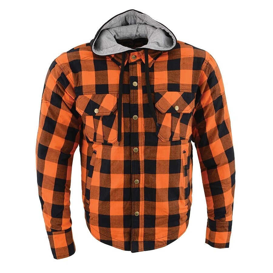 Men’s Orange & Black Armored Flannel Biker Shirt w/ Reinforced Fibers