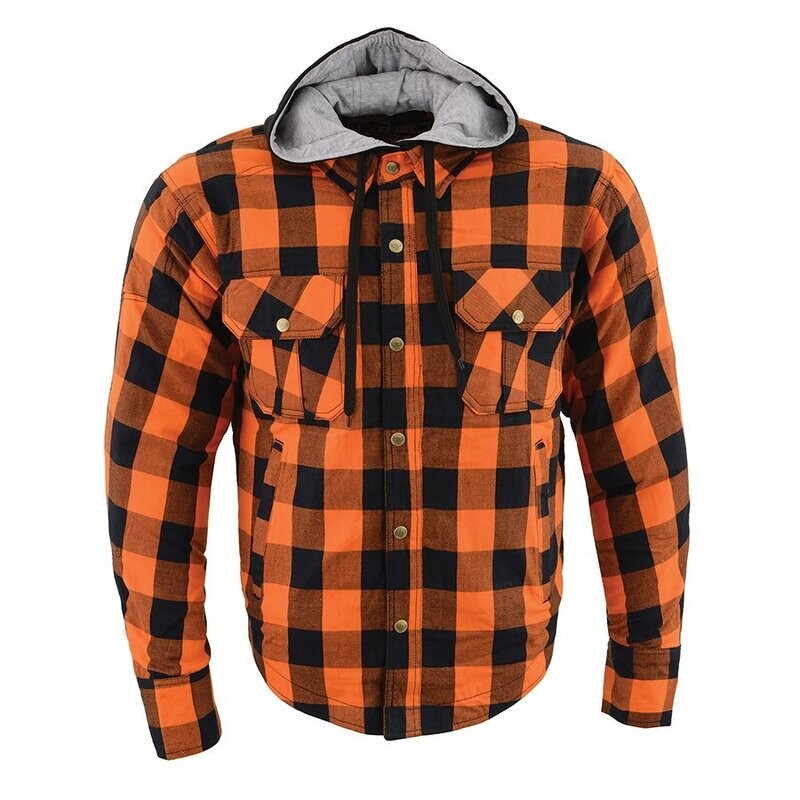 Men’s Orange & Black Armored Flannel Biker Shirt w/ Reinforced Fibers