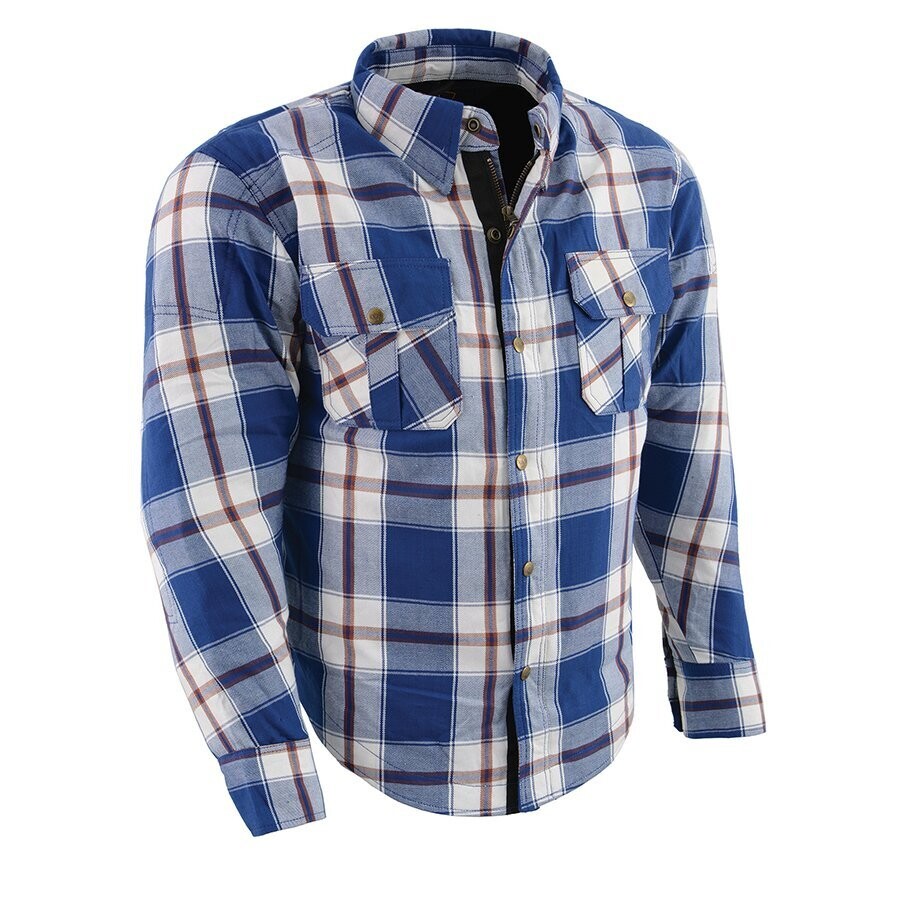 Men’s Blue/White Checkered Armored Flannel Biker Shirt w/ Reinforced Fibers