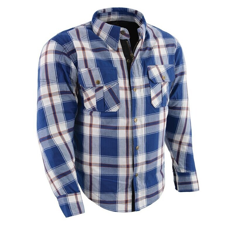 Men’s Blue/White Checkered Armored Flannel Biker Shirt w/ Reinforced Fibers