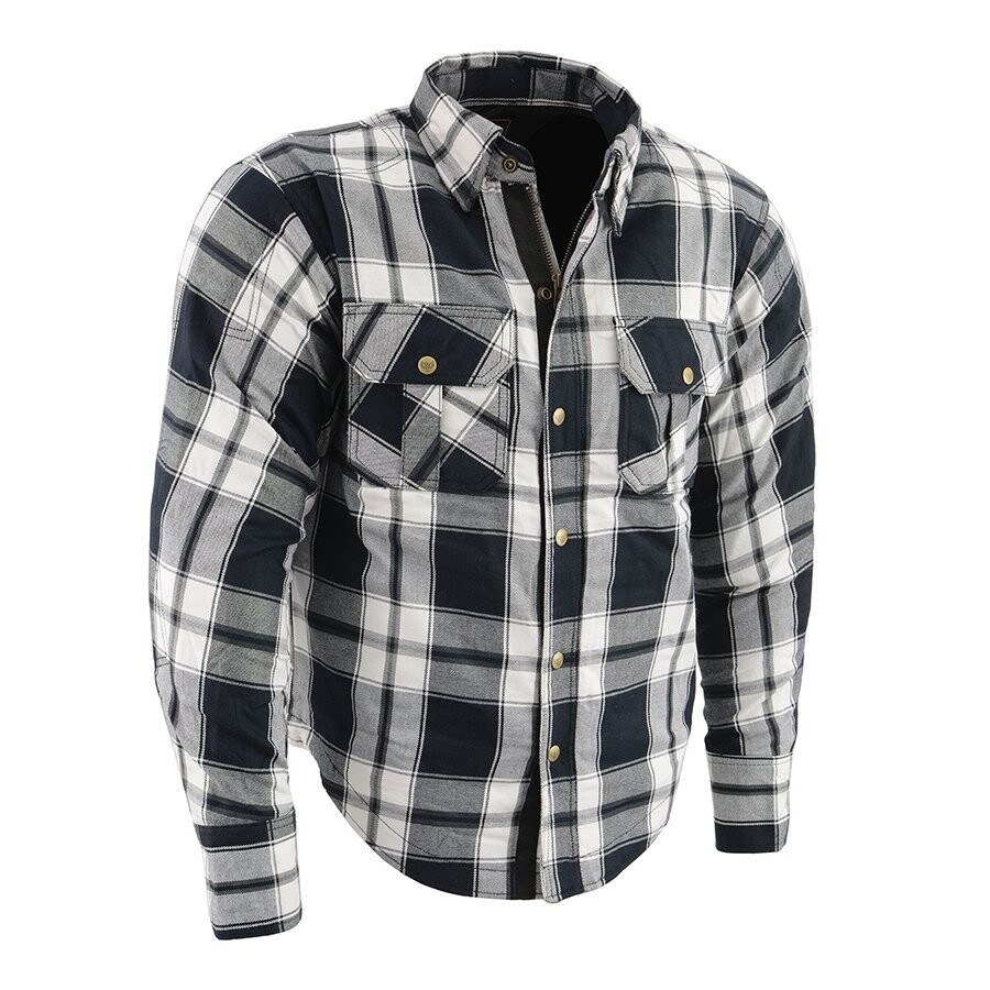 Men’s Black & White Armored Flannel Biker Shirt w/ Reinforced Fibers