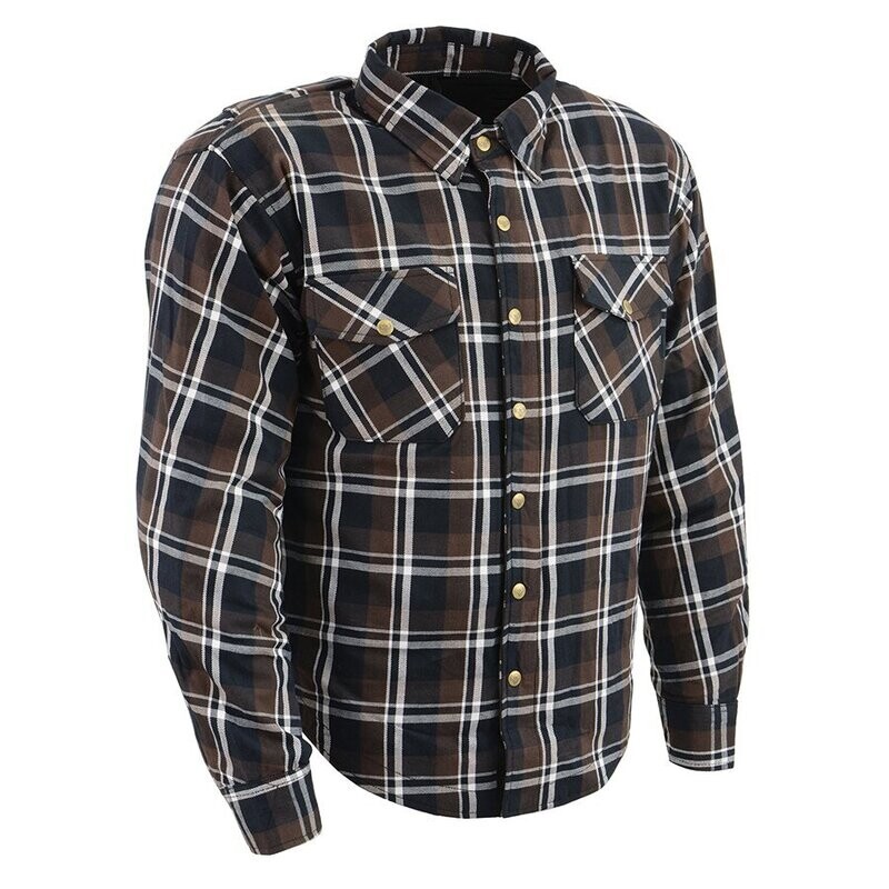 Men’s Brown Checkered Armored Flannel Biker Shirt w/ Reinforced Fibers