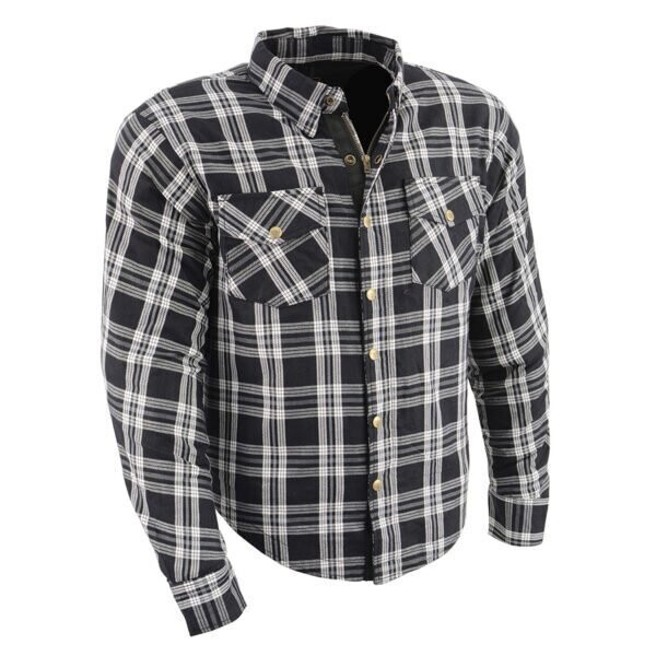 Men’s Black & White Armored Flannel Biker Shirt w/ Reinforced Fibers