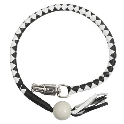 GBW212B LEATHER BIKER WHIP–WHITE/BLACK W / WHITE POOL BALL