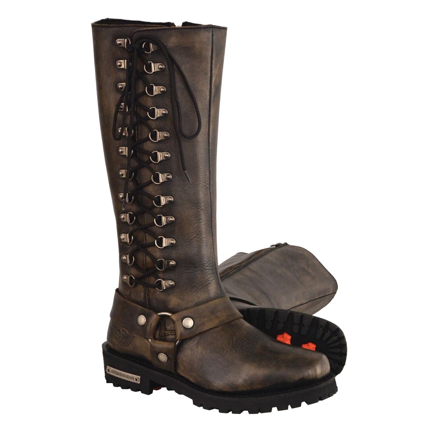 Women’s Distressed Brown “14”Inch Classic Harness Square Toe Leather Boot w/ Full Lacing
Brand : Milwaukee Boots