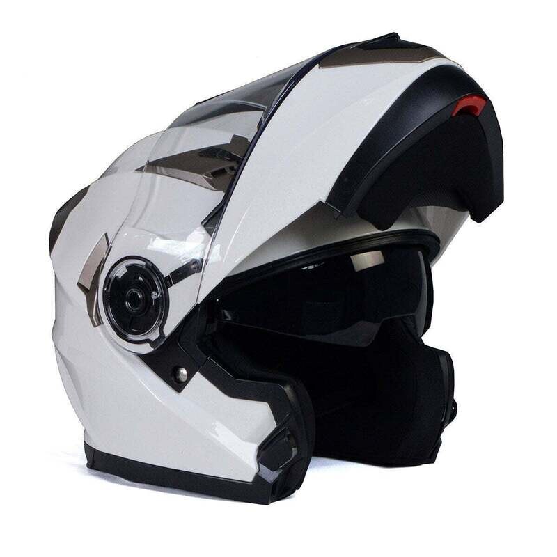 MILWAUKEE HELMETS MPH9807DOT 'IONIZED' GLOSS WHITE ADVANCED MOTORCYCLE MODULAR HELMET WITH DROP DOWN VISOR
