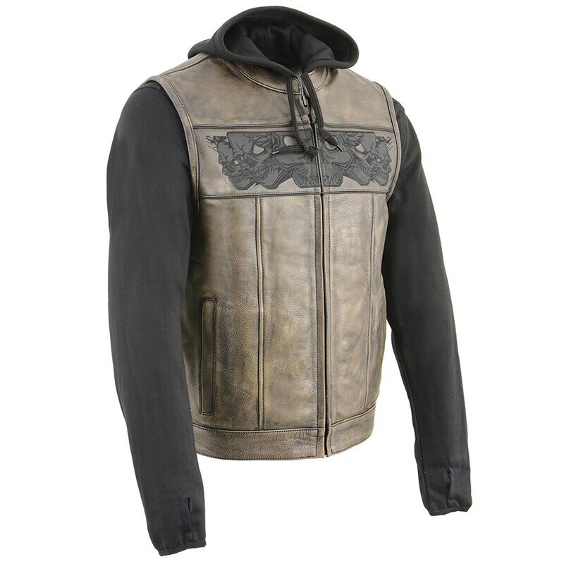 Men’s Distressed Brown Leather Vest with Reflective Skulls & Full Hoodie Liner
Brand : Milwaukee Leather