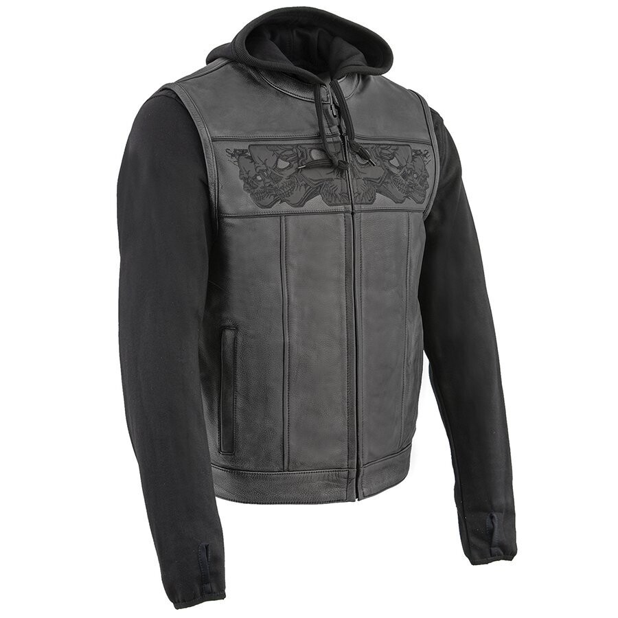 Men’s Black Leather Vest with Reflective Skulls & Full Hoodie Liner
Brand : Milwaukee Leather