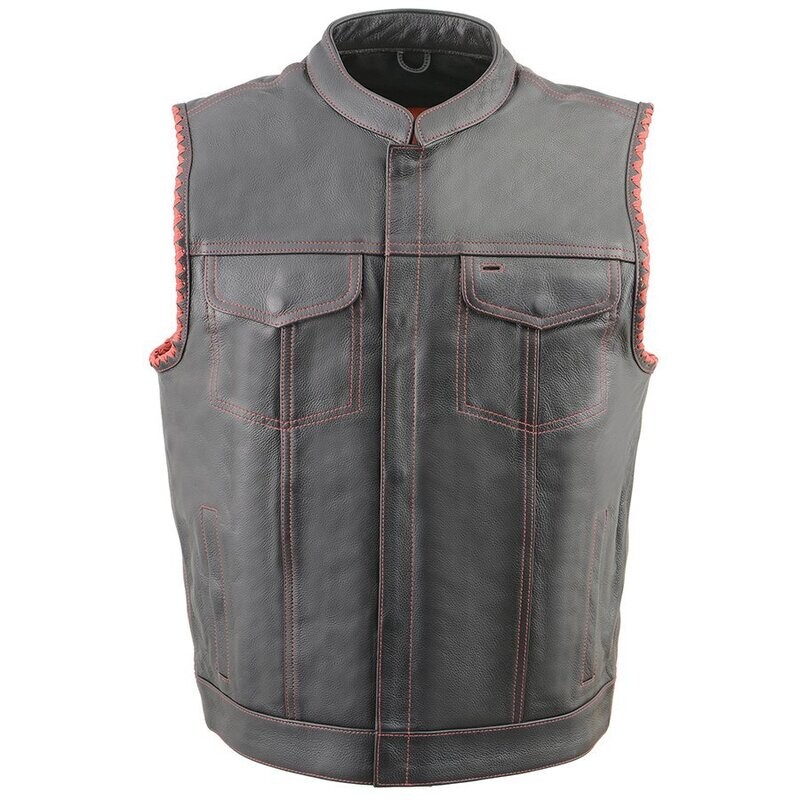 Men’s Club Style Leather Vest with Red Stitching & Laced Arm Holes
Brand : Milwaukee Leather