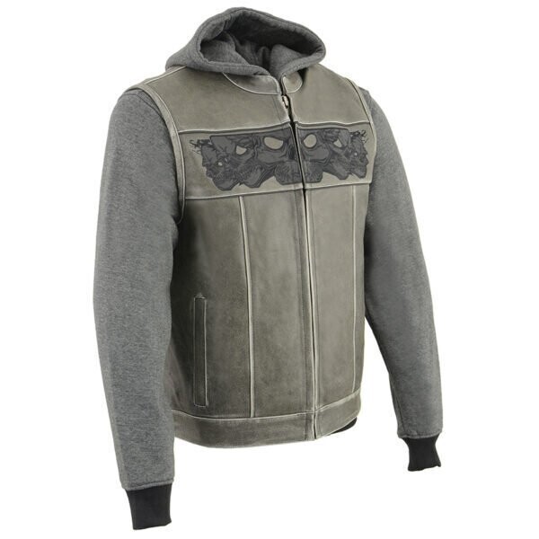 Men’s Distressed Grey Leather Vest with Reflective Skulls & Full Hoodie Liner