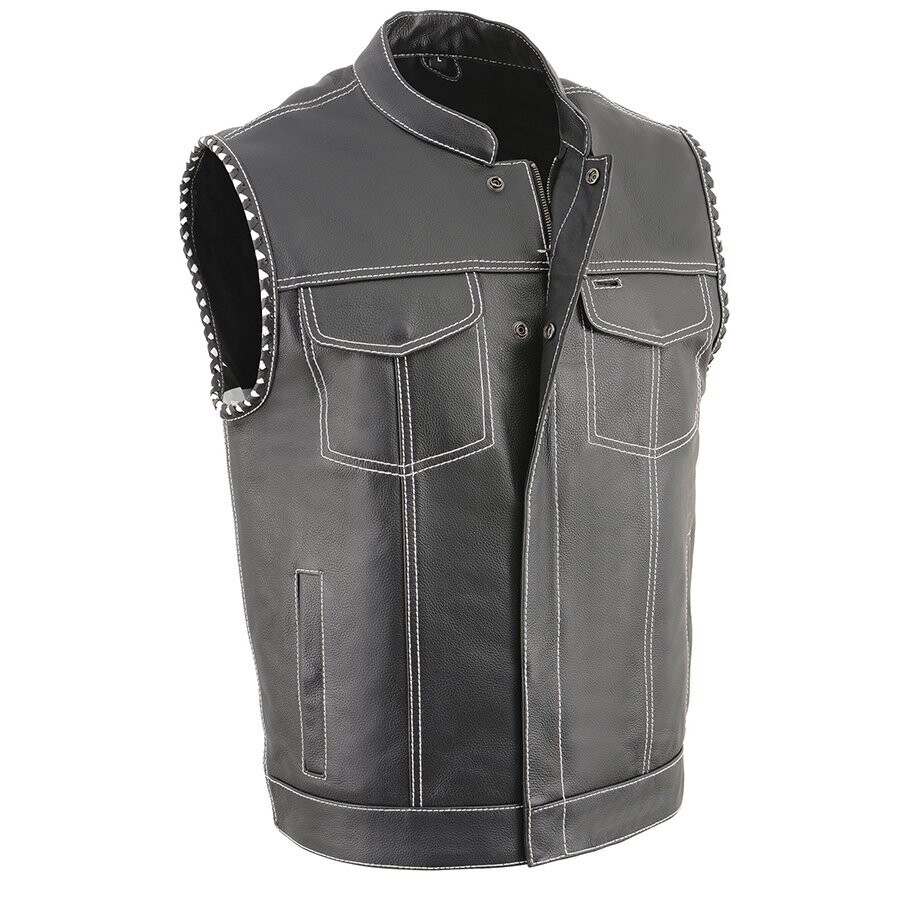 Men’s Club Style Leather Vest with White Stitching & Laced Arm Holes
Brand : Milwaukee Leather