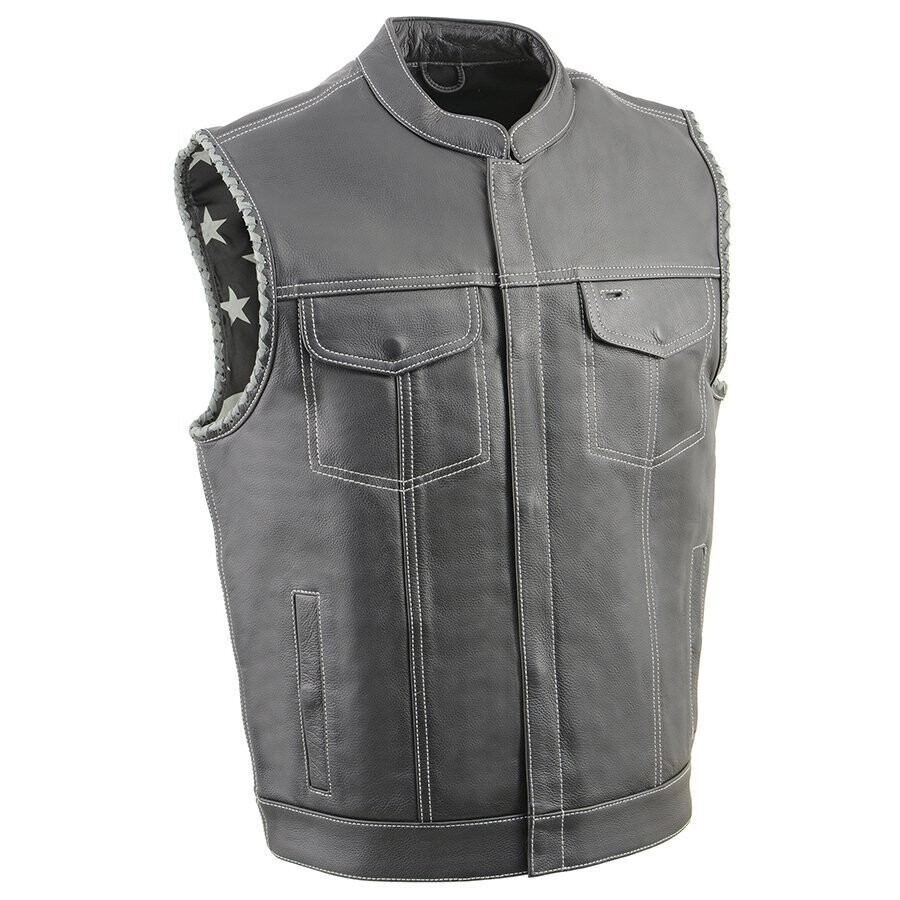 Men’s Club Style Leather Vest with Grey Stitching & Laced Arm Holes
Brand : Milwaukee Leather