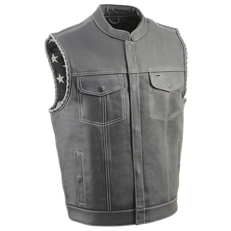 Men’s Club Style Leather Vest with Grey Stitching & Laced Arm Holes
Brand : Milwaukee Leather
