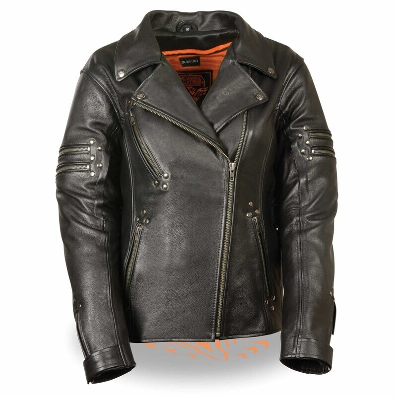 Women’s Fitted Beltless M/C Jacket w/ Rivet Detailing
Brand : Milwaukee Leather
