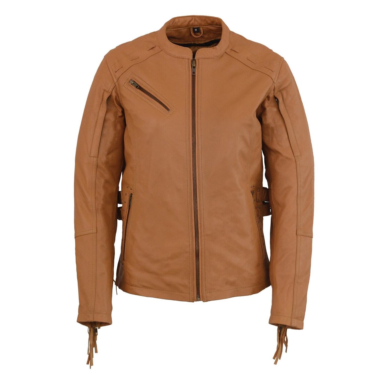 Women’s Saddle Tan Lightweight Scuba Racer Jacket w/ Fringe
Brand : Milwaukee Leather