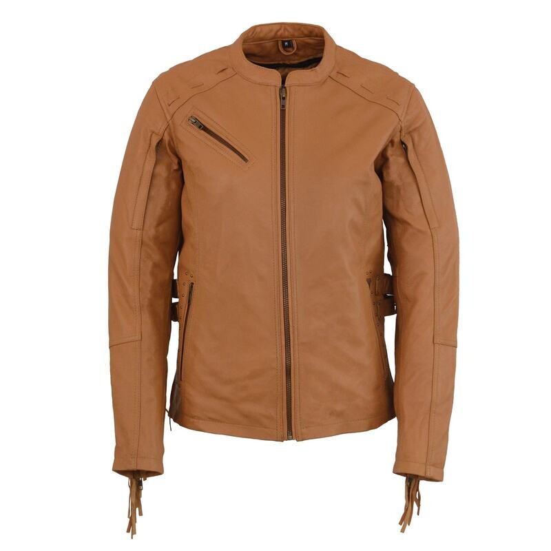 Women’s Saddle Tan Lightweight Scuba Racer Jacket w/ Fringe
Brand : Milwaukee Leather
