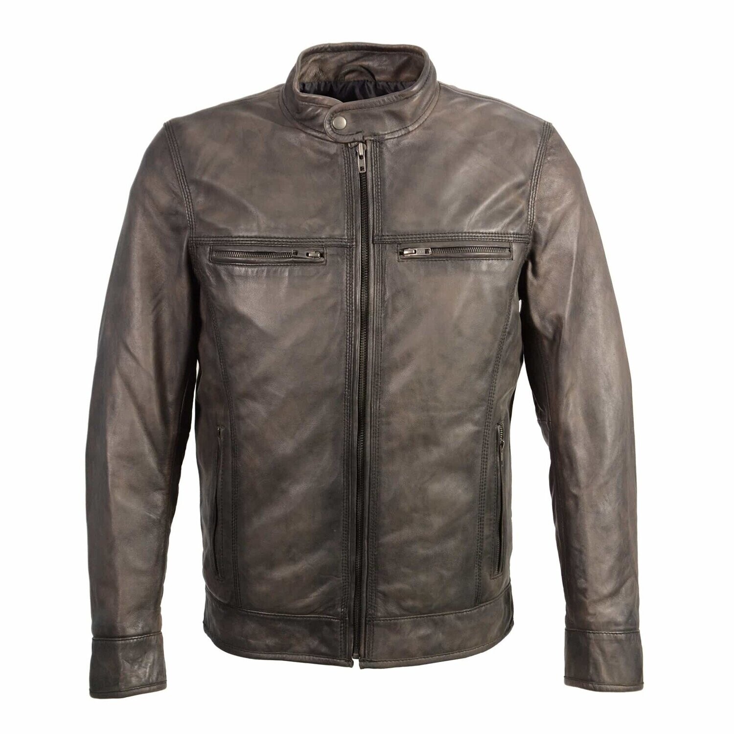 Men’s stand up snap collar racer jacket with triple stitch accents.
Brand : Milwaukee Leather