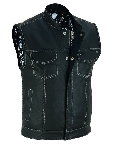 DS164 MEN’S PAISLEY BLACK LEATHER MOTORCYCLE VEST WITH WHITE STITCHING