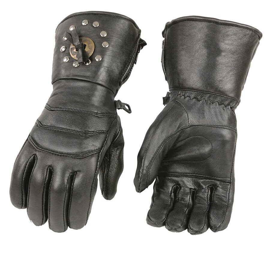 Men’s Black Studded Gauntlet Leather Gloves with Conchos
Brand : Milwaukee Leather