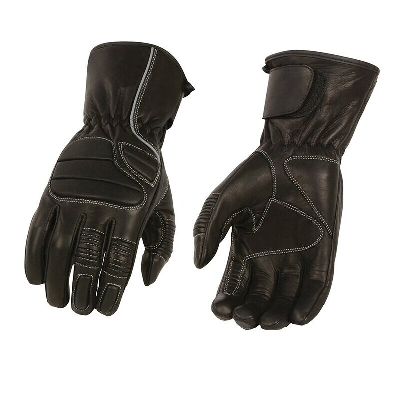 Men’s Black Leather Thermal Lined Padded Back Racing Gloves with Reflective Piping
Brand : Milwaukee Leather