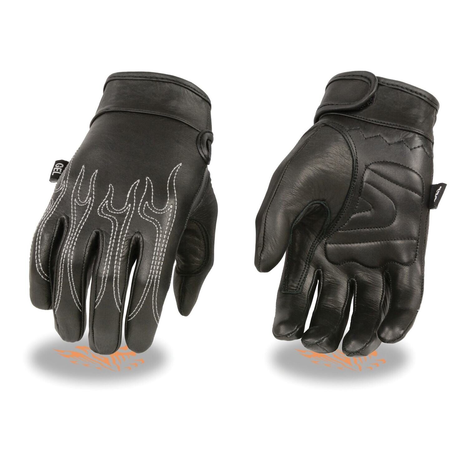 Men’s Leather Crusing Gloves w/ Flame Embroidery, Gel Palm
Brand : Milwaukee Leather