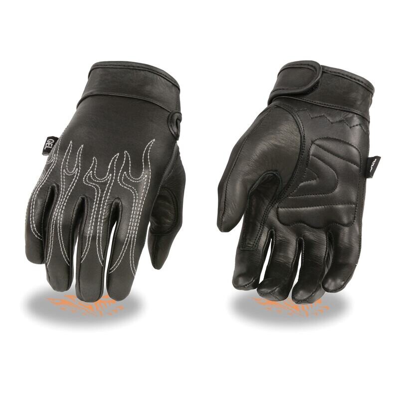 Men’s Leather Crusing Gloves w/ Flame Embroidery, Gel Palm
Brand : Milwaukee Leather