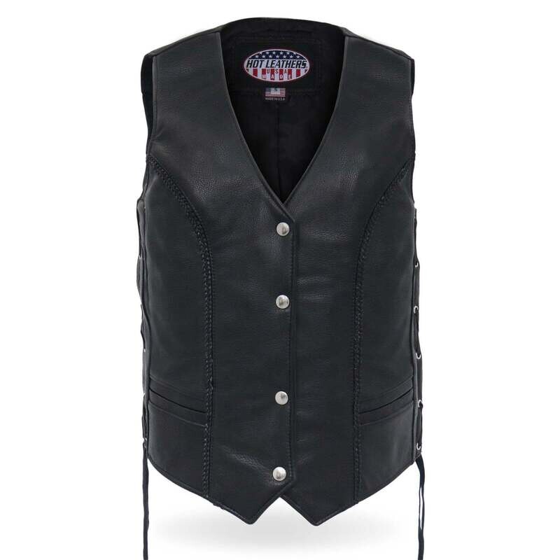 HOT LEATHERS VSL5001 USA MADE LADIES BRAIDED LEATHER MOTORCYCLE BIKER VEST