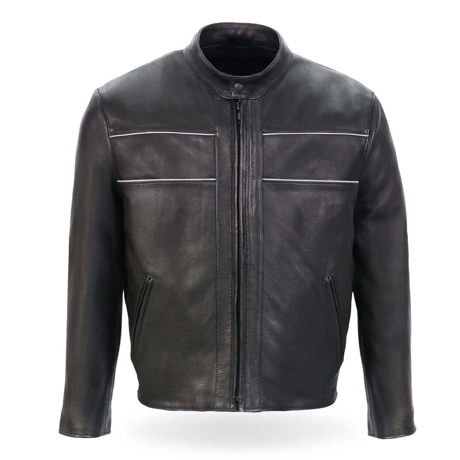 HOT LEATHERS JKM5003 MEN’S USA MADE PREMIUM BLACK LEATHER MOTORCYCLE BIKER JACKET WITH REFLECTIVE PIPING