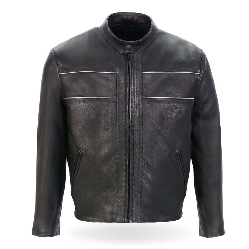 HOT LEATHERS JKM5003 MEN’S USA MADE PREMIUM BLACK LEATHER MOTORCYCLE BIKER JACKET WITH REFLECTIVE PIPING