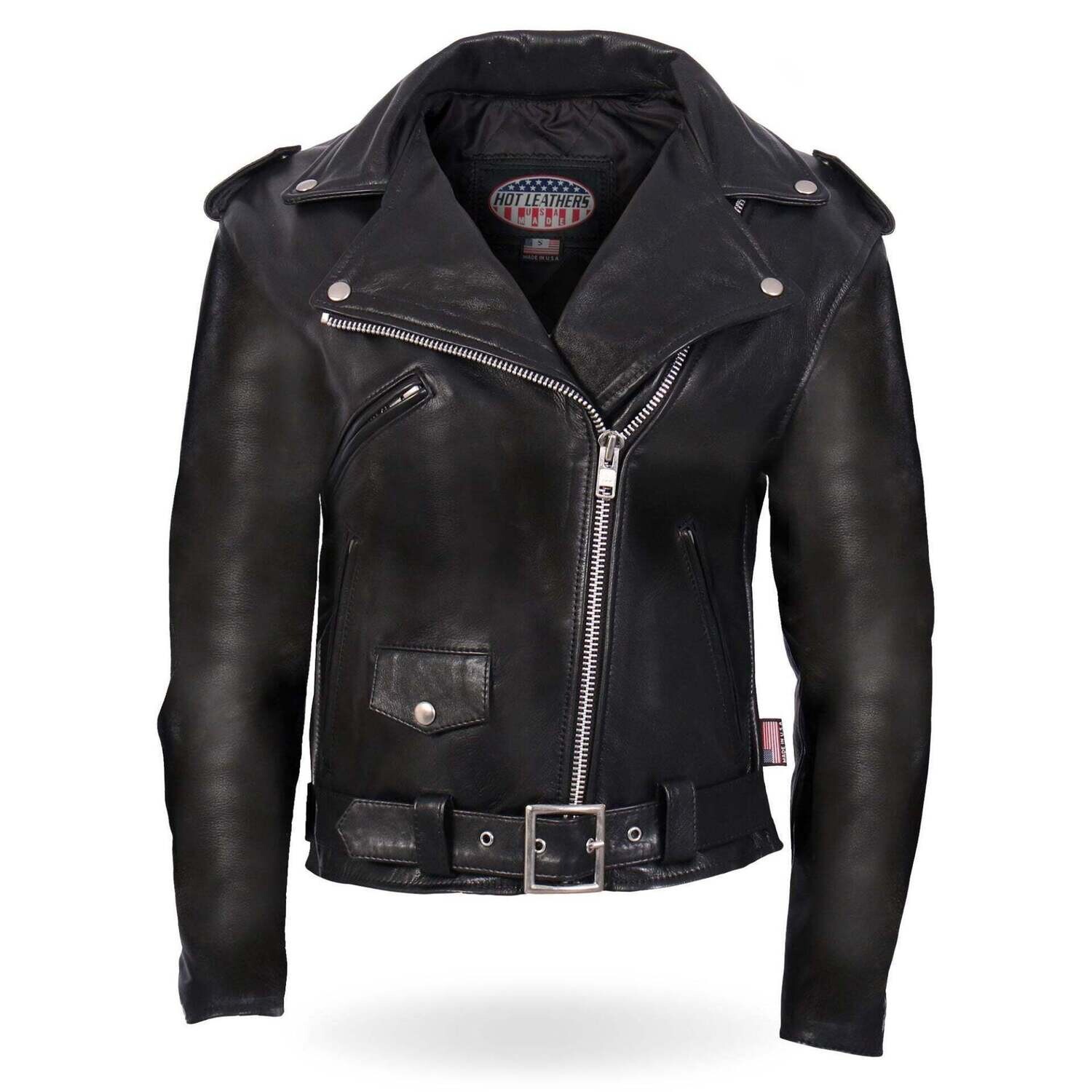 HOT LEATHERS JKL5004 LADIES BLACK PREMIUM USA MADE CLASSIC MOTORCYCLE STYLE LEATHER BIKER JACKET