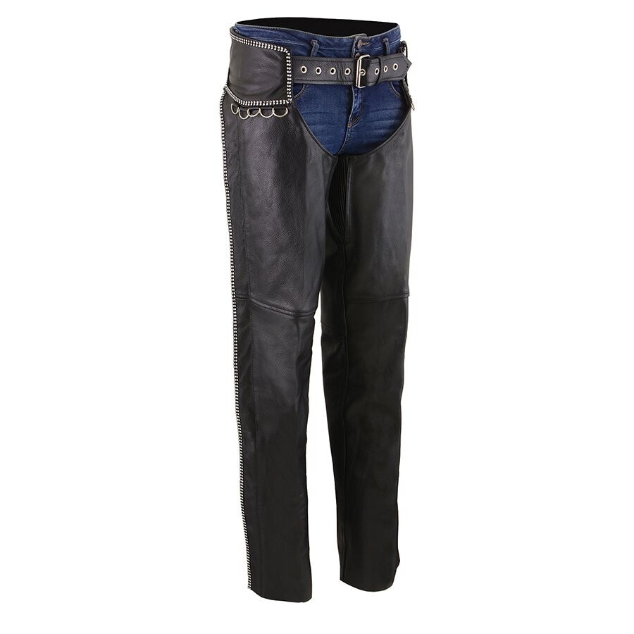 Women’s Leather Chaps w/Rhinestone Bling Details & D-Ring Accents
Brand : Milwaukee Leather