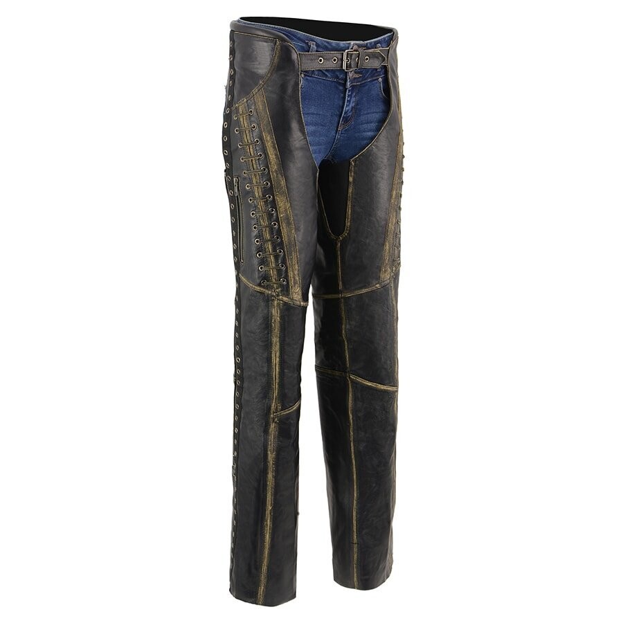 Women Distressed Brown Beltless Leather Chaps with Lace & Star Accents
Brand : Milwaukee Leather