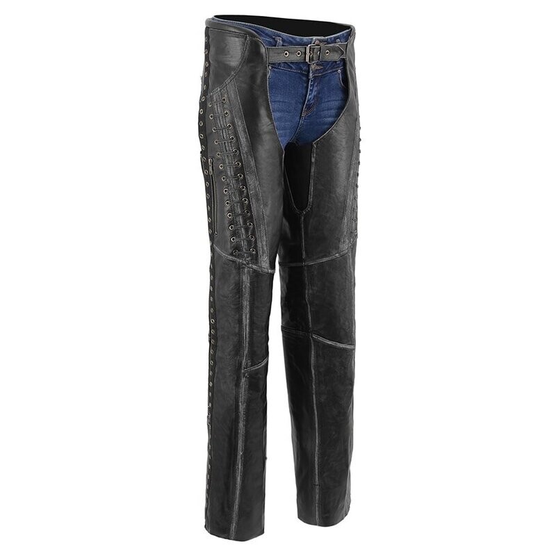 Women Distressed Black Beltless Leather Chaps with Lace & Star Accents
Brand : Milwaukee Leather