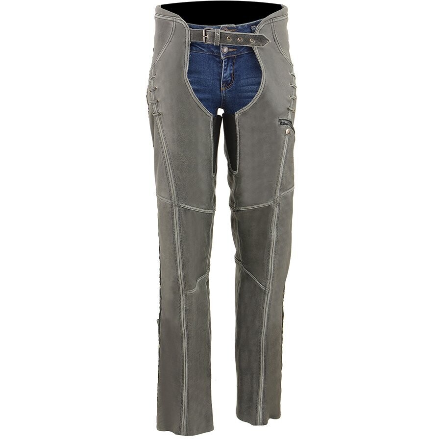 Women’s Distressed Grey Hip Set Chap w/ Lace & Grommet Details
Brand : Milwaukee Leather