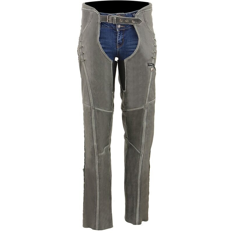 Women’s Distressed Grey Hip Set Chap w/ Lace & Grommet Details
Brand : Milwaukee Leather